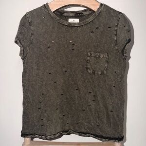 American Eagle Distressed Pocket T-Shirt olive green crop size small acid wash-G